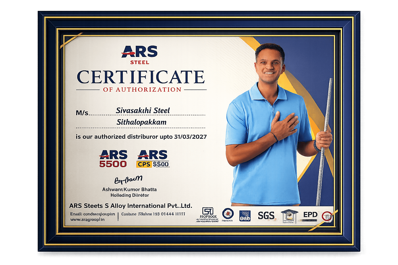 ARS Steel certificate of authorization naming Siva Sakthi Steel as authorized distributor up to 31/05/2027