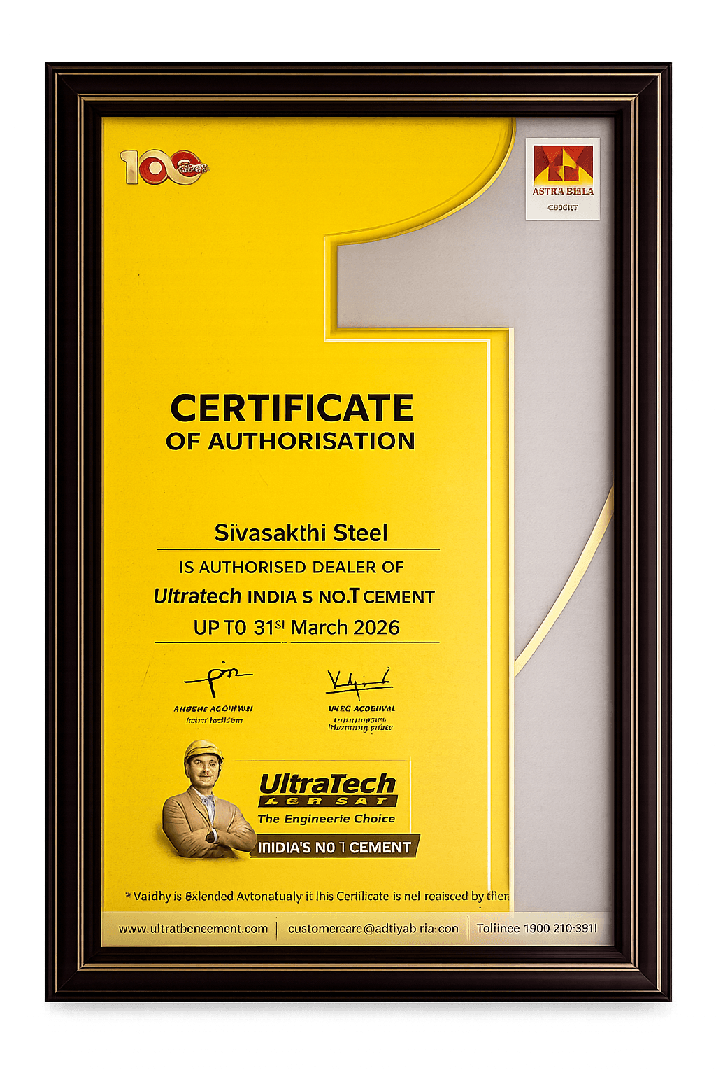 UltraTech Cement certificate of authorisation issued to Siva Sakthi Steel valid up to 31 March 2026