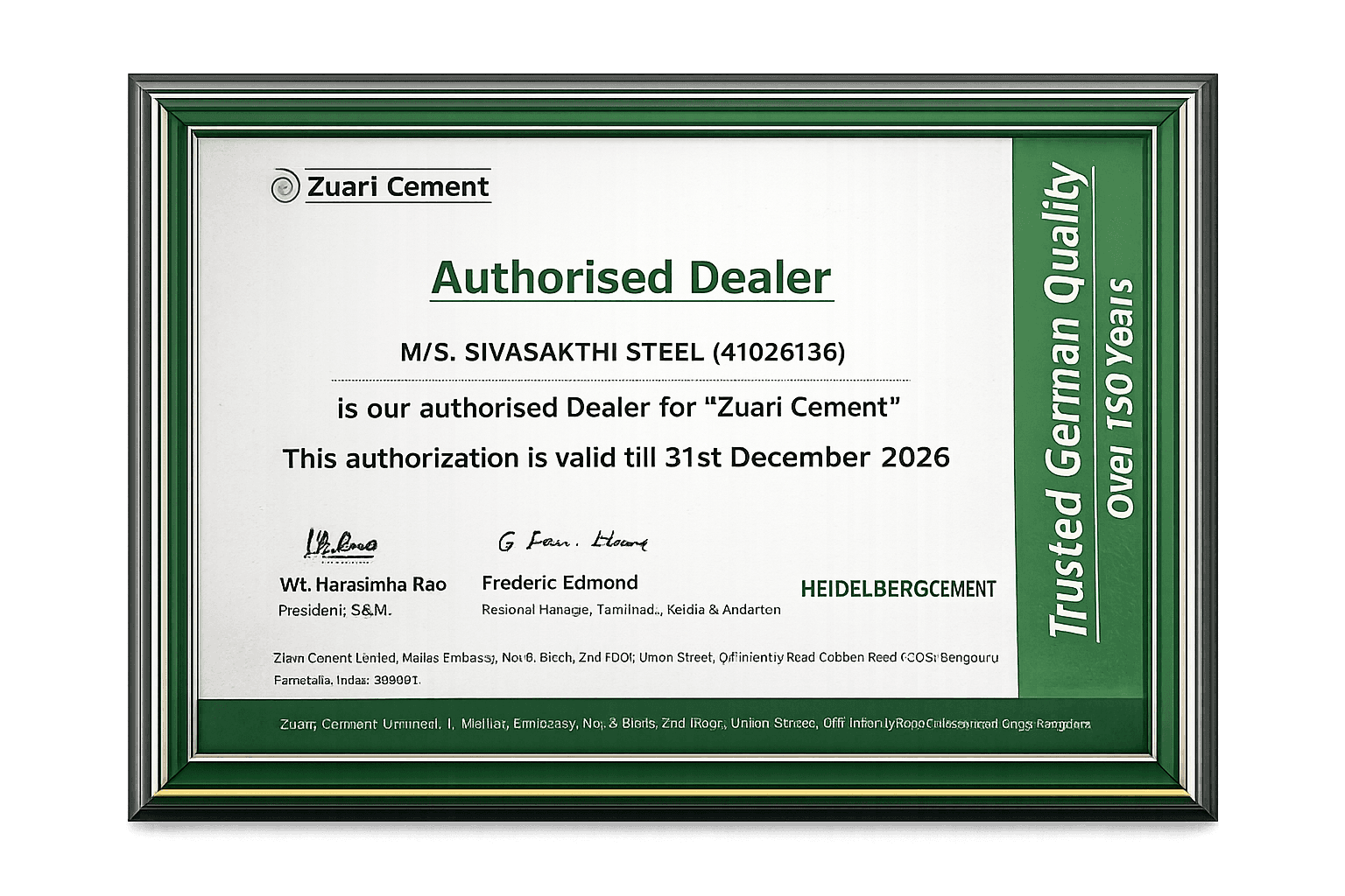 Zuari Cement authorised dealer certificate for Siva Sakthi Steel valid until 31 December 2026